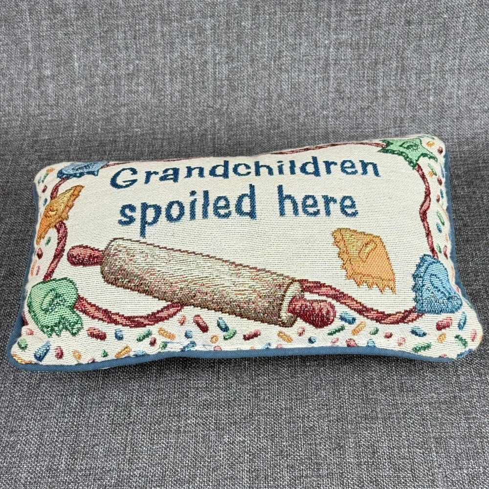 Grandchildren Spoiled Here Tapestry Accent Pillow Blue Kitchen Decor